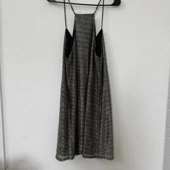 EVERLY Slip Mini Dress Metallic Grid Black Silver Strappy A-Line Cocktail L - Picture 4 of 6